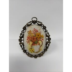 Vintage Antique Metal Miniature Embroidered Floral Image Frame 4" Length‎